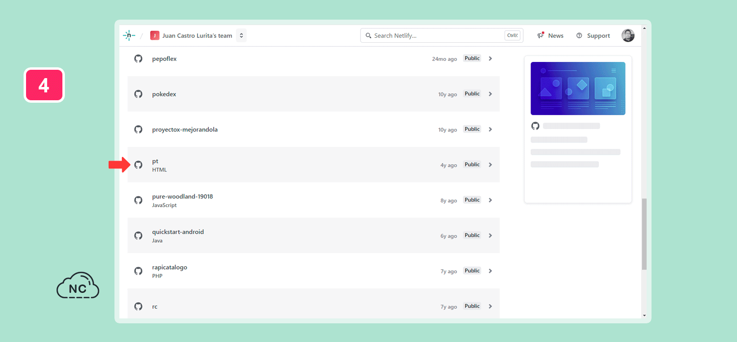 Puedes elegir el repositorio que desees para tu proyecto Repositorio del proyecto alojado en GitHub