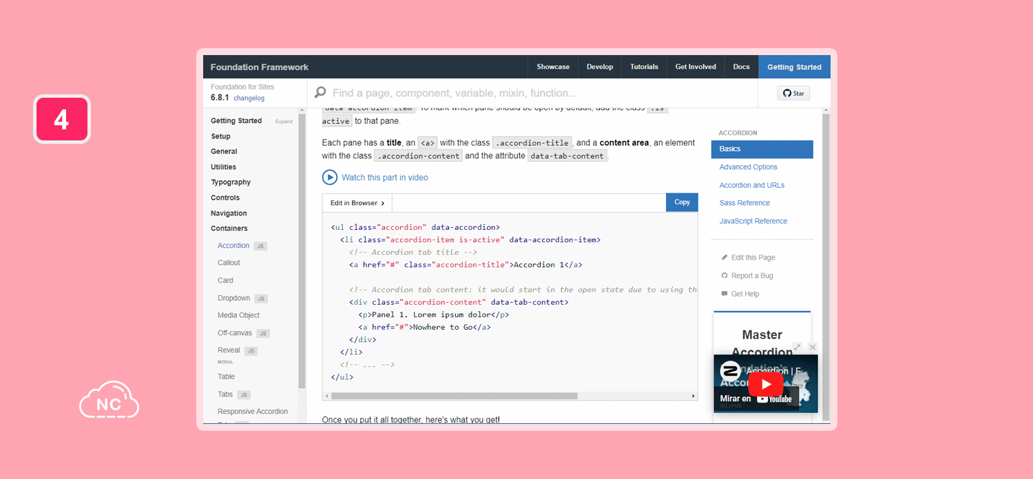 Asimismo permite crear elementos con poco código HTML Clases CSS de Foundation para crear un acordeón