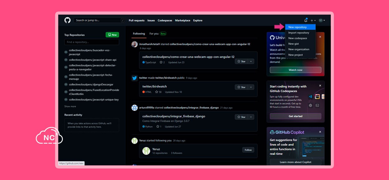 En el futuro puede cambiar el orden de algunas de las opciones que se ven en la imagen Botón para crear un nuevo repositorio de GitHub para la web