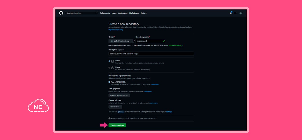 También puedes añadirle un archivo .gitignore Formulario para ingresar los detalles para el nuevo repositorio de GitHub