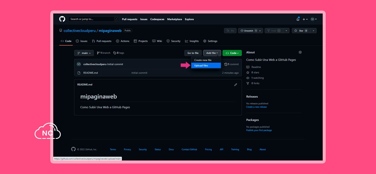 También puedes crear un archivo nuevo usando el mismo editor del repositorio Opción para subir los archivos de la web al repositorio de GitHub