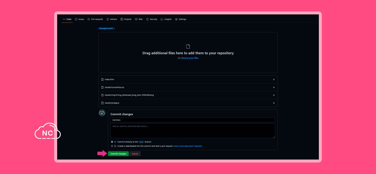 Puedes presionar el botón "Cancel" para cancelar la operación Cargando los archivos de la web al repositorio