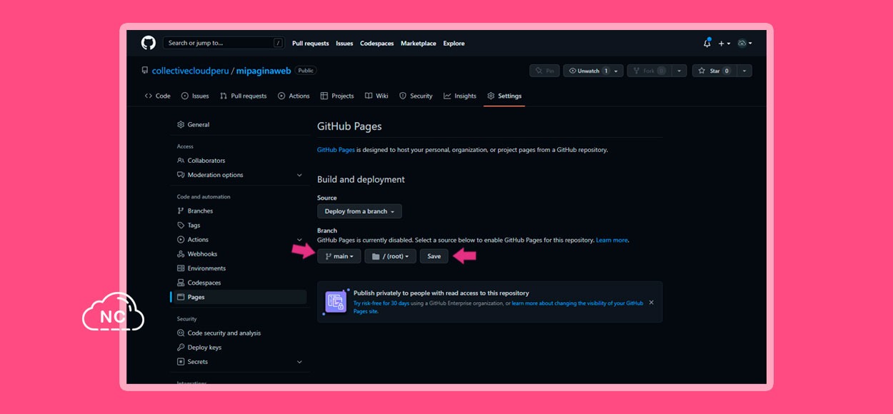Recuerda que debes tener bien claro que branch o rama quieres que se use para la web Seleccionando una rama para el proyecto