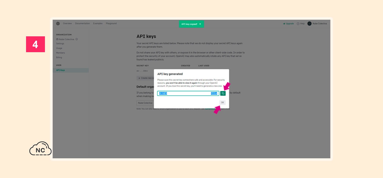 En esta ventana podrás ver todos los valores de tu API Key de OpenAI Venta de API Key de OpenAI creada