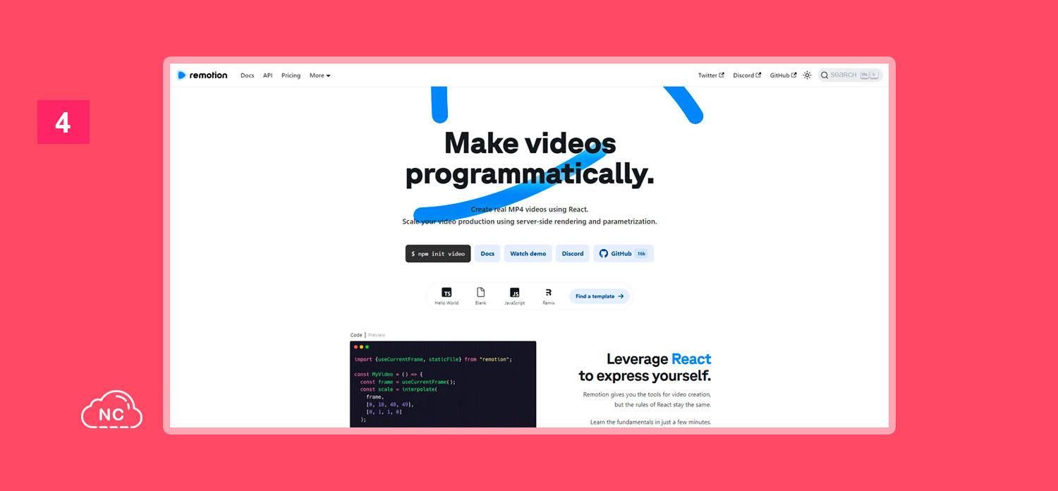 La librería Remotion hace uso de HTML, CSS y JavaScript para crear animaciones en React JS Sitio Web de la librería Remotion