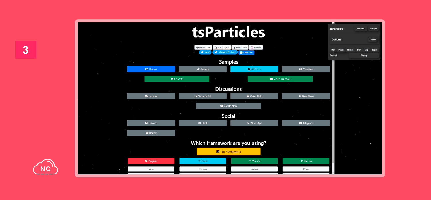 tsParticles es una librería de animaciones para React JS Sitio Web de la librería tsParticles