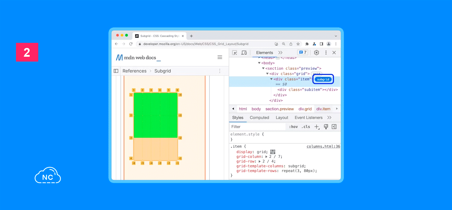 Esta insignia mejora el trabajo de los desarrolladores web Insignia de subgrid de CSS en el panel Elements de Chrome DevTools