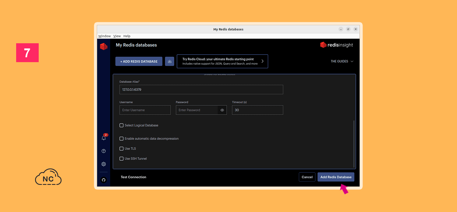 Si deseas puedes realizar otras configuraciones Ventana para agregar una base de datos en Redis