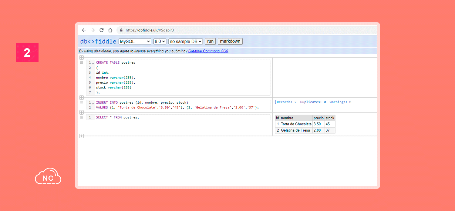 Arriba puedes elegir que sistema de base de datos usar aparte de MySQL Interface de la herramienta Db<>Fiddle