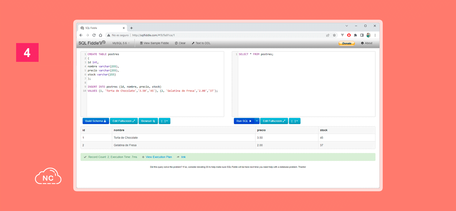 El contra de esta herramienta es que tiene versiones pasadas de los sistemas de gestión de base de datos Interface de la herramienta SQLFiddle