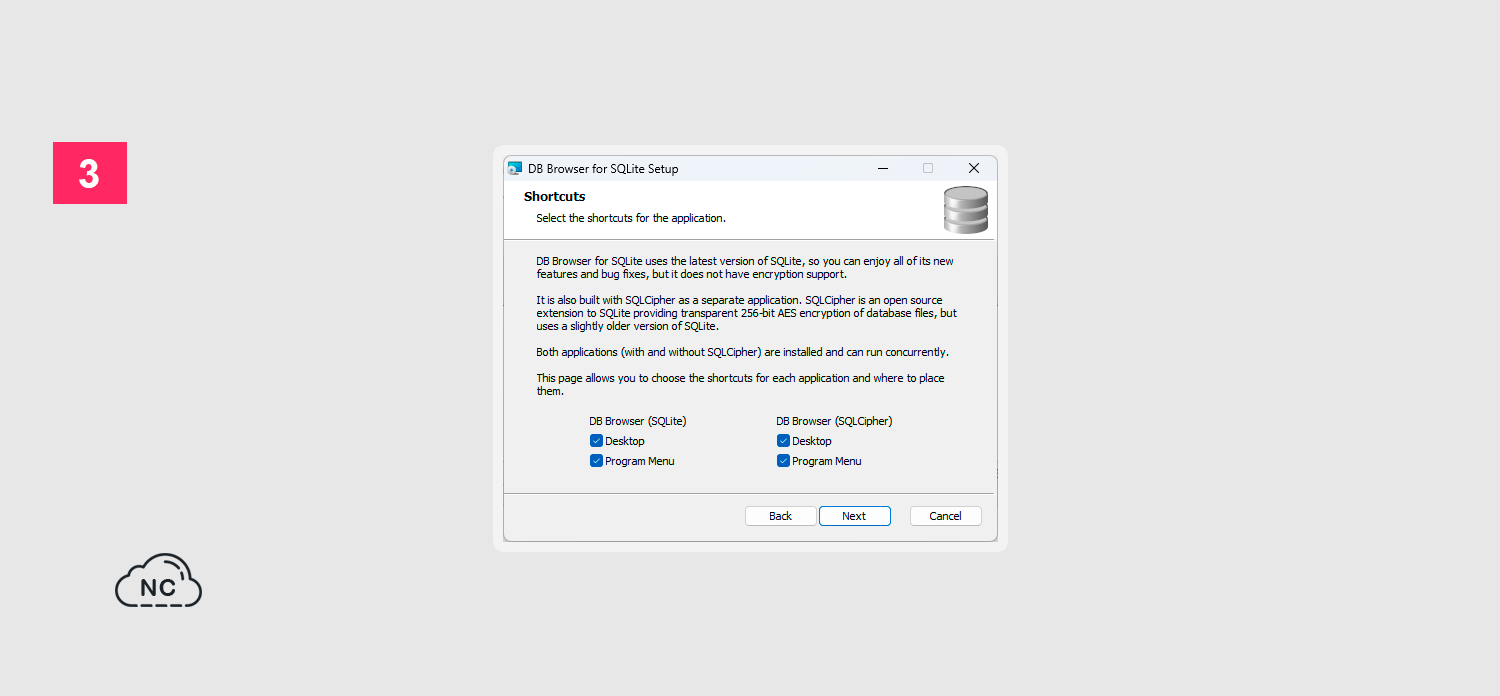 La herramienta DB Browser for SQLite se instala rápidamente Ventana de configuración de Shortcuts durante la instalación de DB Browser for SQLite