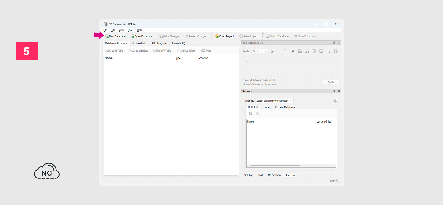 El primer paso habitual dentro de DB Browser for SQLite es crear una base de datos Interface de DB Browser for SQLite