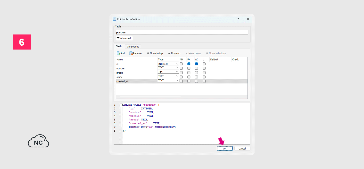 Recuerda definir correctamente los campos de tu tabla Interface para crear una tabla en DB Browser for SQLite