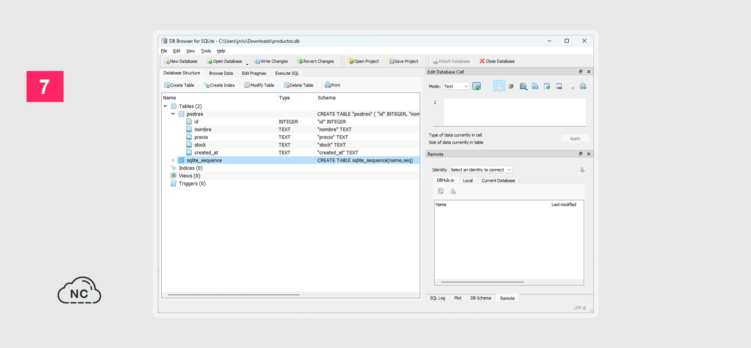 Puedes editar los campos de la tabla presionando el botón derecho del mouse sobre el nombre de la tabla Base de datos creada en DB Browser for SQLite
