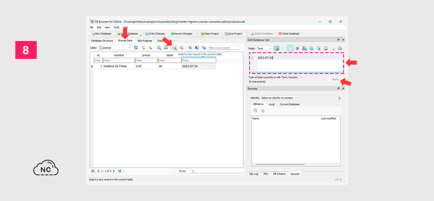 Recuerda guardar los cambios Interface para agregar datos manualmente a una tabla en DB Browser for SQLite