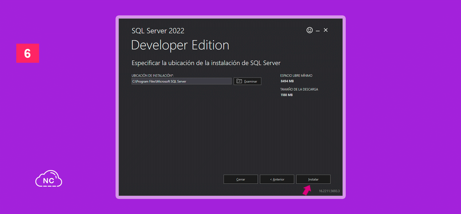 Considera tener espacio en tu disco duro para poder instalar Microsoft SQL Server Ventana para especificar la ubicación de instalación de Microsoft SQL Server