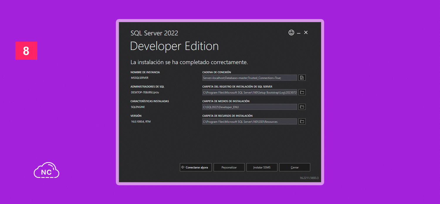 Poco a poco irás dominando Microsoft SQL Server, conforme lo sigas prácticando Ventana de instalación finalizada de Microsoft SQL Server