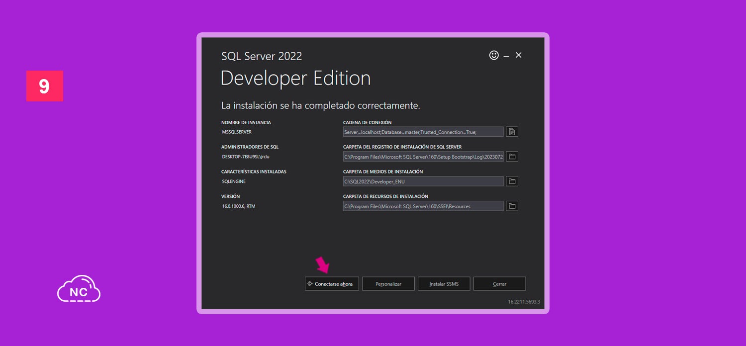 Un programador Senior usa mucho la consola o terminal de Microsoft SQL Server Botón Conectarse ahora del instalador de Microsoft SQL Server