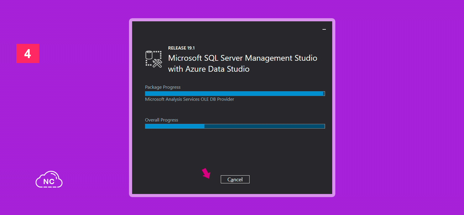 Puedes optar por cancela la instalación presionando el botón Cancel Ventana del proceso de instalación de SQL Server Management Studio (SSMS)