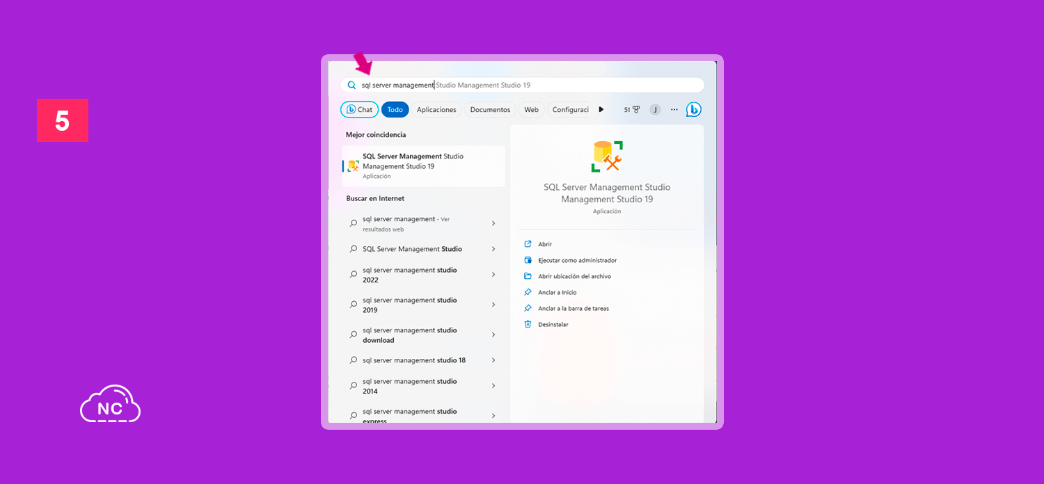 Si usas otra versión de Windows, usa su propia interface de búsqueda Buscando SQL Server Management Studio (SSMS) en Windows 11