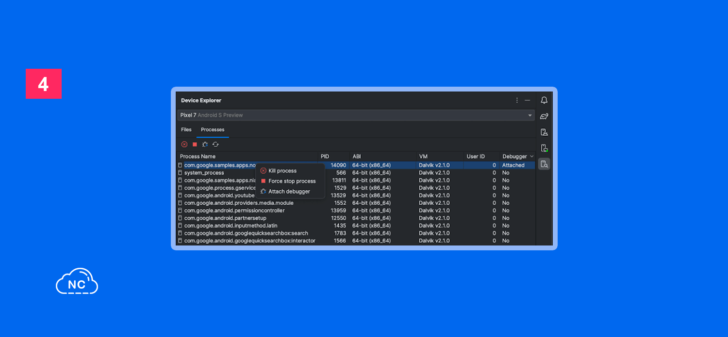 Puedes detener uno o varios de los procesos Ventana del Device Explorer en Android Studio Giraffe