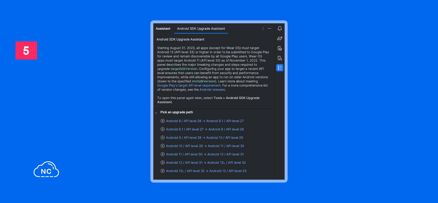 Debajo puedes apreciar enlaces directos para actualizar determinadas versiones del SDK de Android Asistente para actualizar el SDK de Android en Android Studio Giraffe