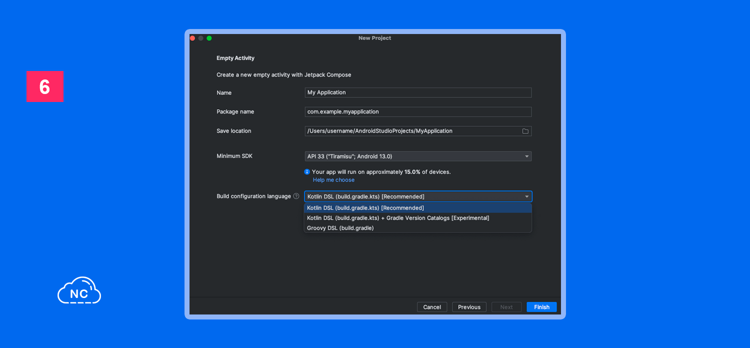 TOML son las iniciales de Tom's Obvious Minimal Language Ventana de creación de nuevo proyecto en Android Studio Giraffe