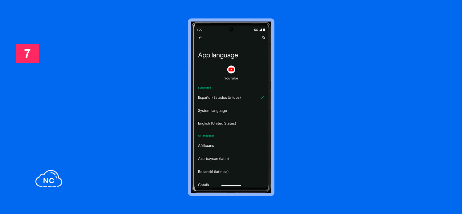 Android 13 agrego soporte para la compatibilidad de idiomas Selector de idioma en la aplicación YouTube en Android