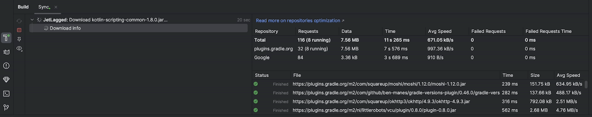 Esta ventana te muestra información en tiempo real Ventana de descarga de información durante la sincronización de Gradle en Android Studio Giraffe