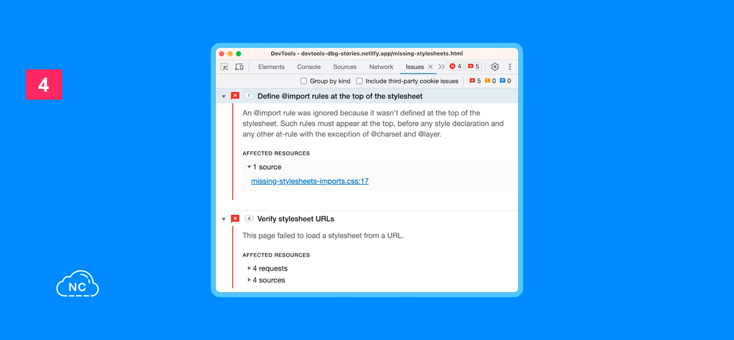 Es importante verificar que los estilos CSS carguen correctamente Panel Issues en Chrome DevTools