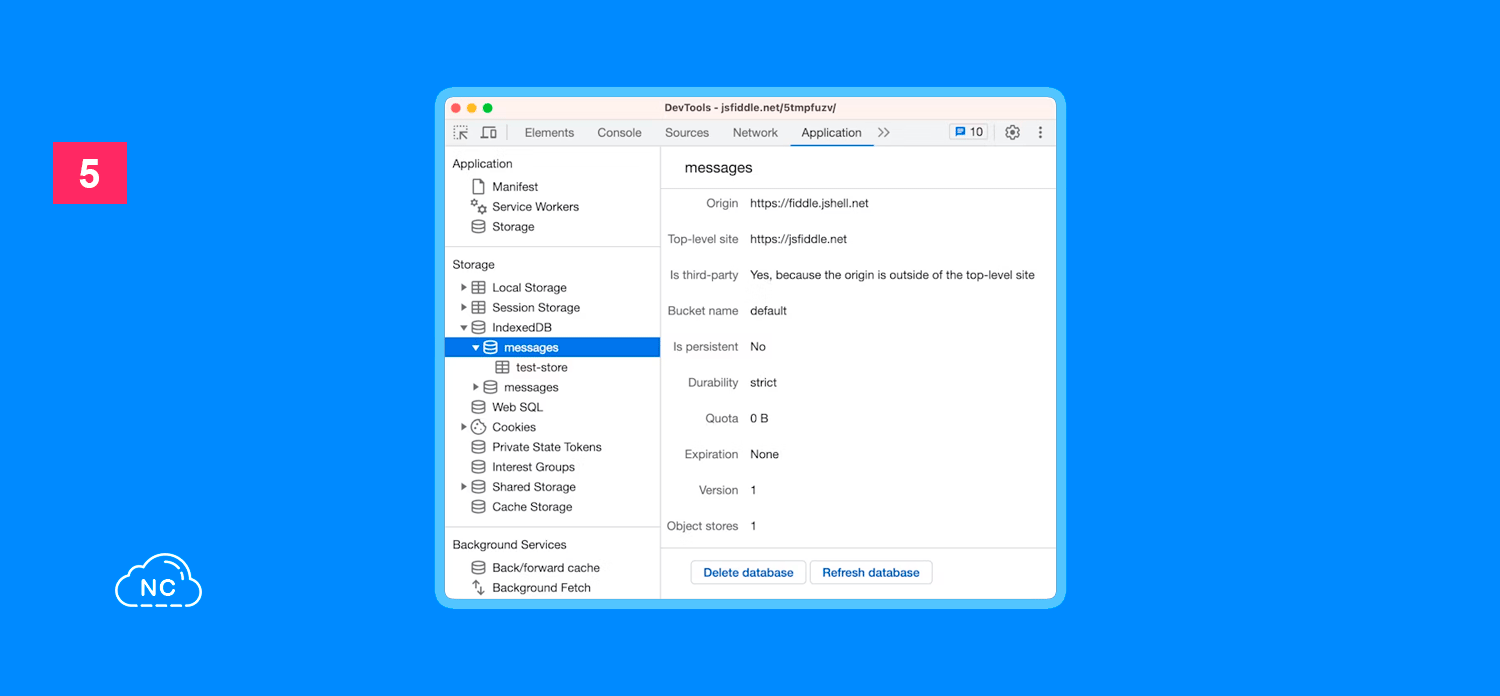En indexedDB podrás encontrar información sobre los buckets Contenido de los buckets en Chrome DevTools