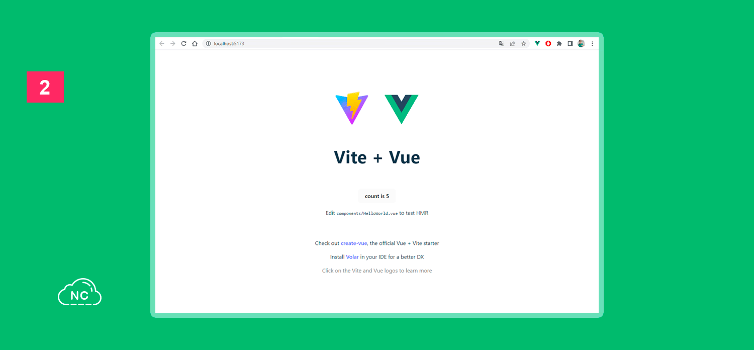 El proyecto se ejecuta en la ruta local http://localhost:5173/ Proyecto Vue JS creado con Vite JS