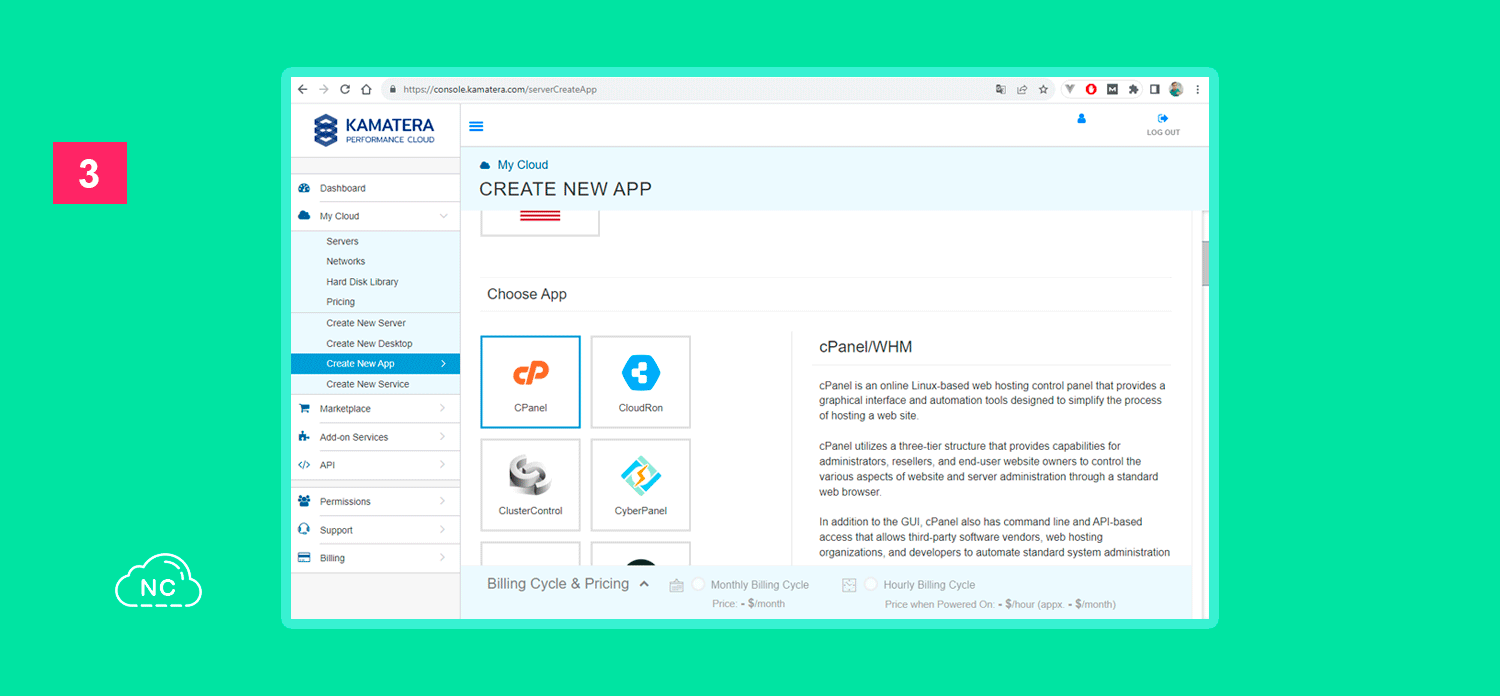 En Kamatera puedes crear una aplicación con cPanel Vista para crear una App en el hosting Kamatera