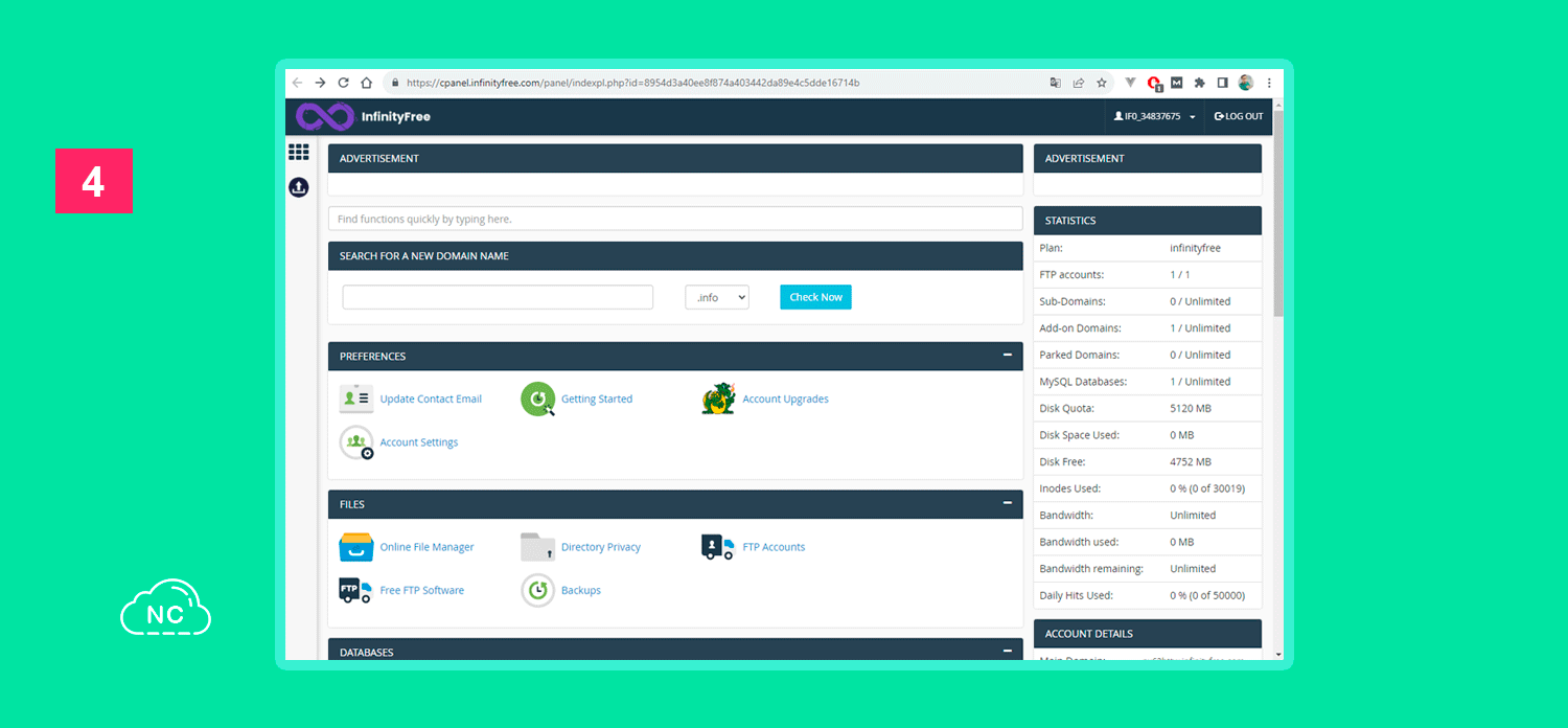 Al tener un cPanel disponible, puedes optimizar varios aspectos de tu servidor Vista del cPanel del hosting InfinityFree