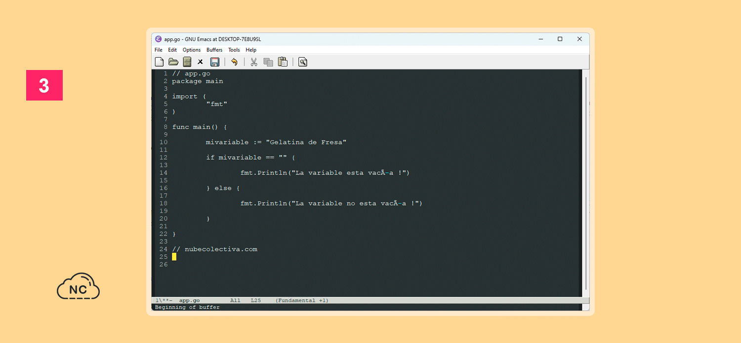 Para aumentar el tamaño del código presiona las teclas CTRL + C y CTRL + Interface del editor de código Emacs