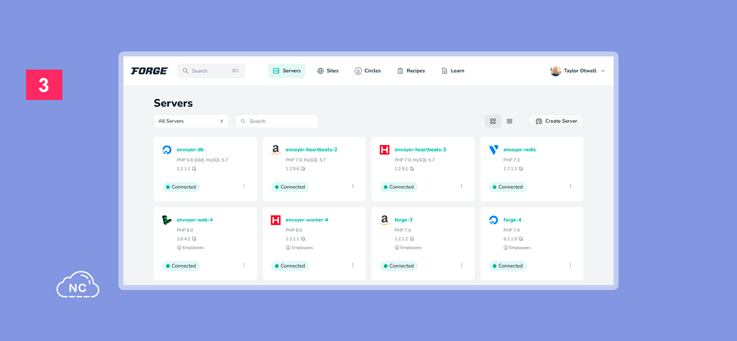 Puedes ver en la imagen la foto de perfil de Taylor Otwell, creador de Laravel Interface de Laravel Forge