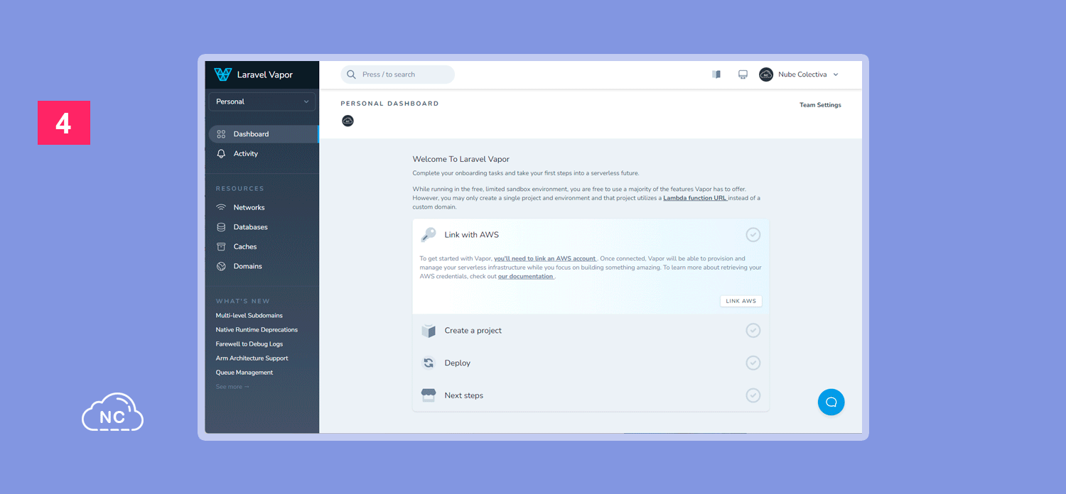 Al lado izquierdo puedes ver algunas de las opciones esenciales que tiene Laravel Vapor Interface de Laravel Vapor