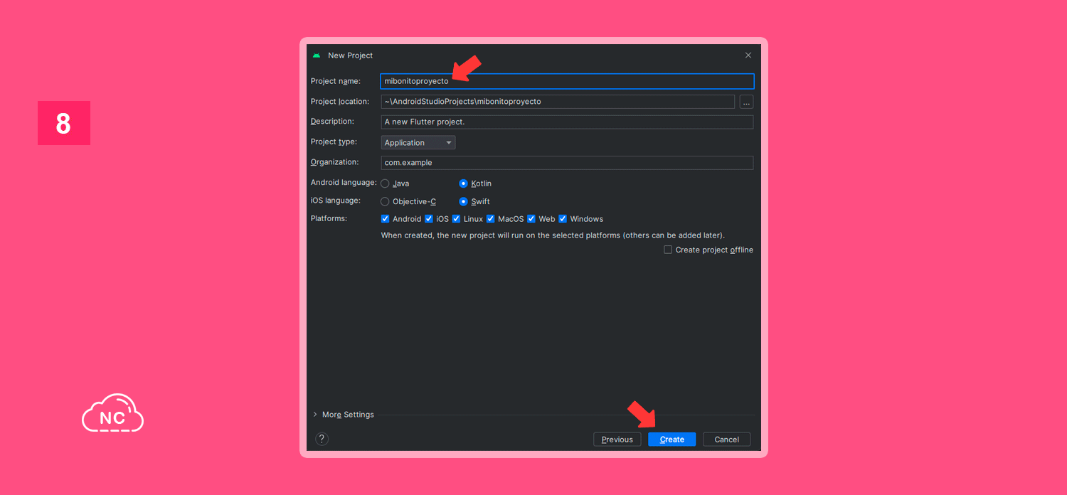 Puedes modificar las opciones por defecto, si es necesario Ventana de configuración de un nuevo proyecto Flutter en Android Studio