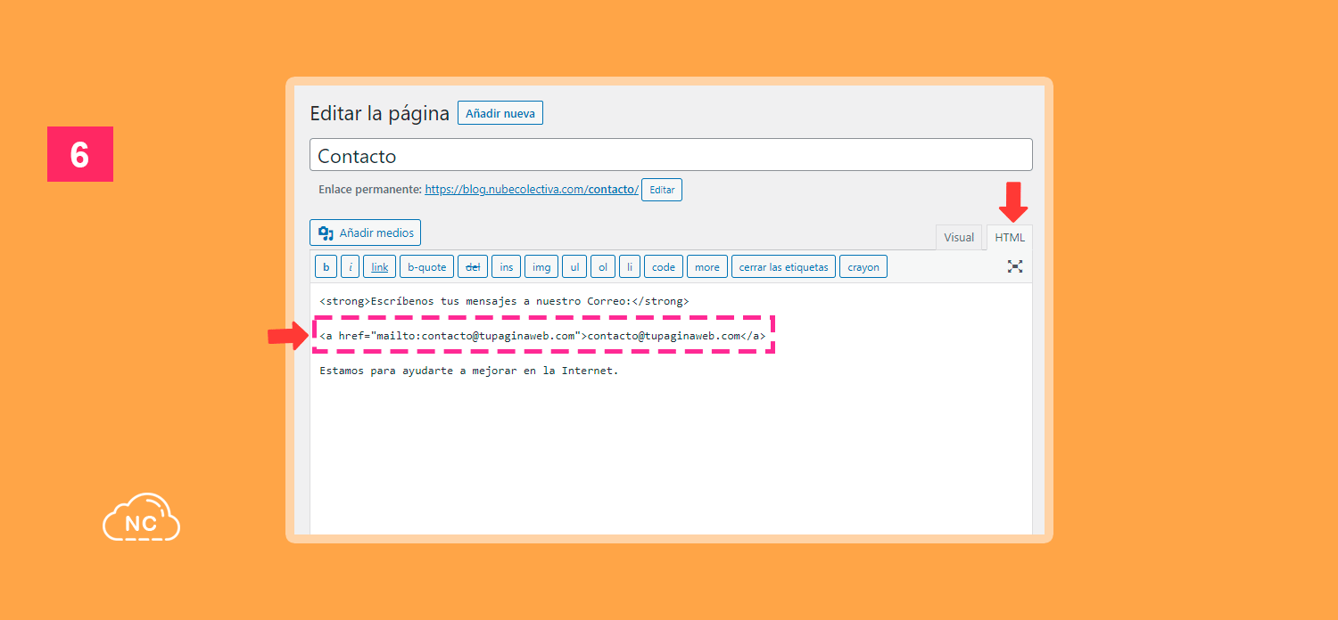 El modo código de WordPress te permite agregar un link de correo electronico Modo código del editor de WordPress