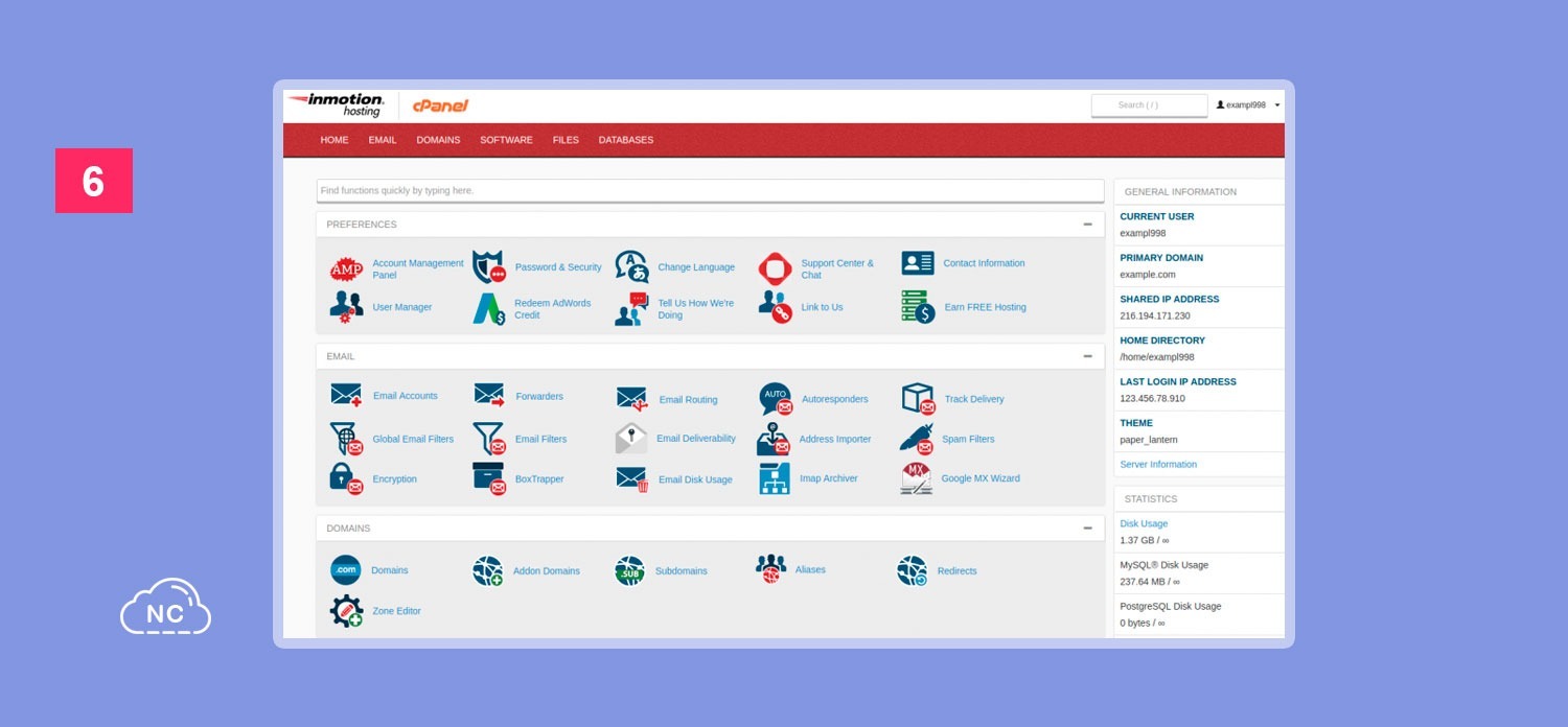 Su panel te brinda información acerca del estado de tu servidor Interface de InMotion