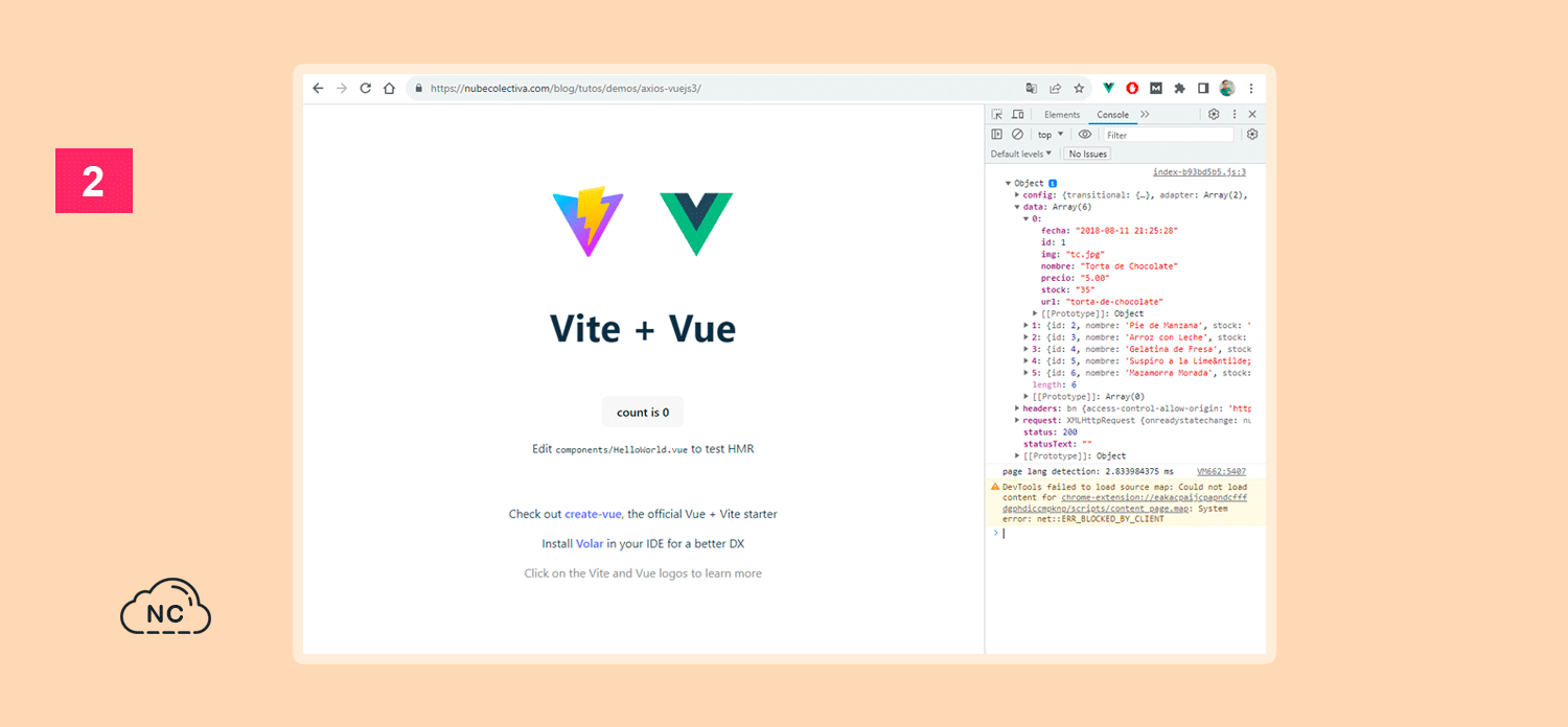 Axios permite consumir APIs REST de manera sencilla Proyecto creado con Axios y Vue 3 funcionando en el Navegador Google Chrome