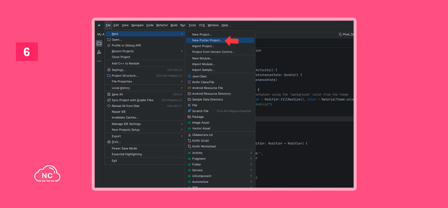 Luego de instalar el plugin de Flutter nos aparece la opción New Flutter Project... Menú New > New Flutter Project...