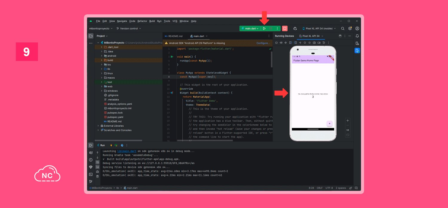 La aplicación Flutter tiene un contador Emulando un proyecto Flutter en Android Studio