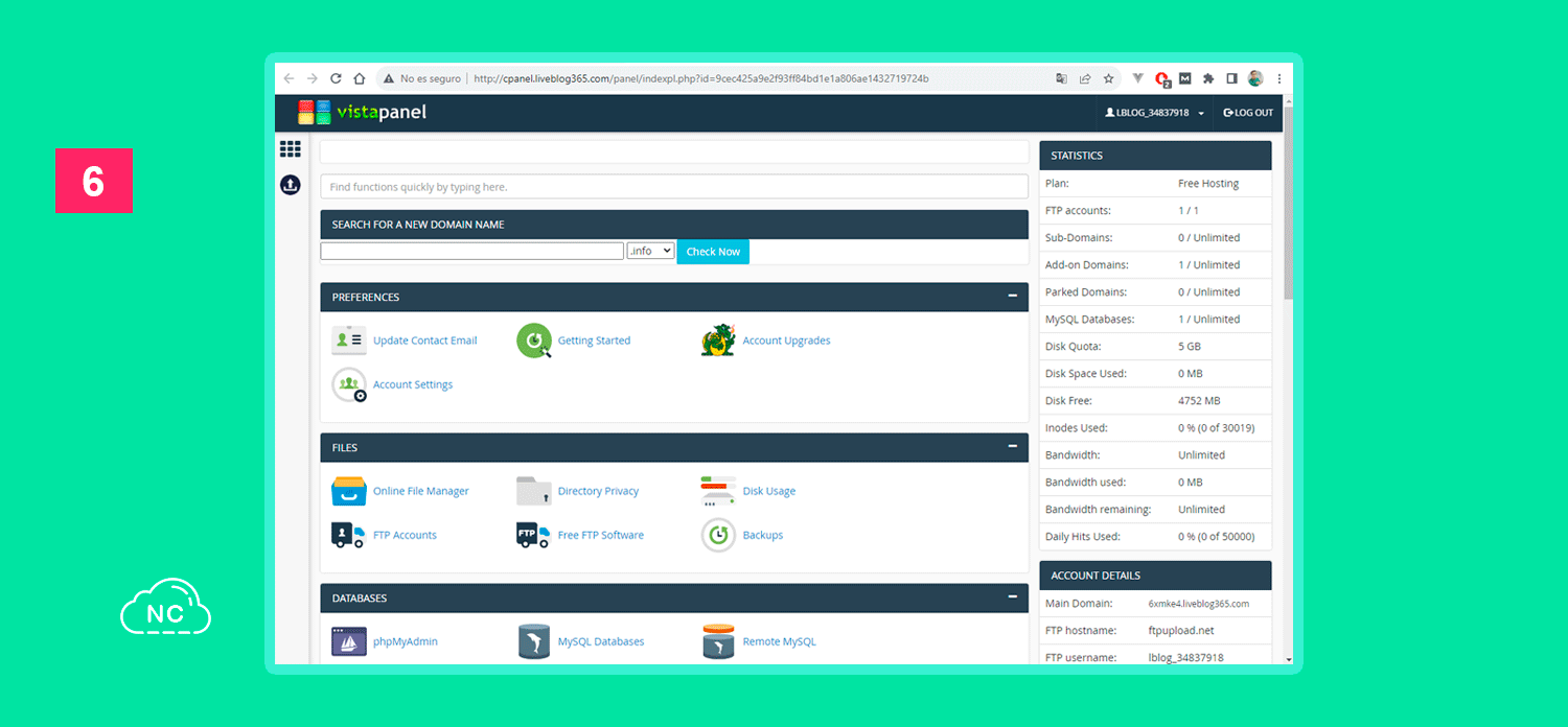 Con un cPanel disponible, puedes mejorar mucho tu proyecto web Vista del cPanel del hosting ProFreeHost