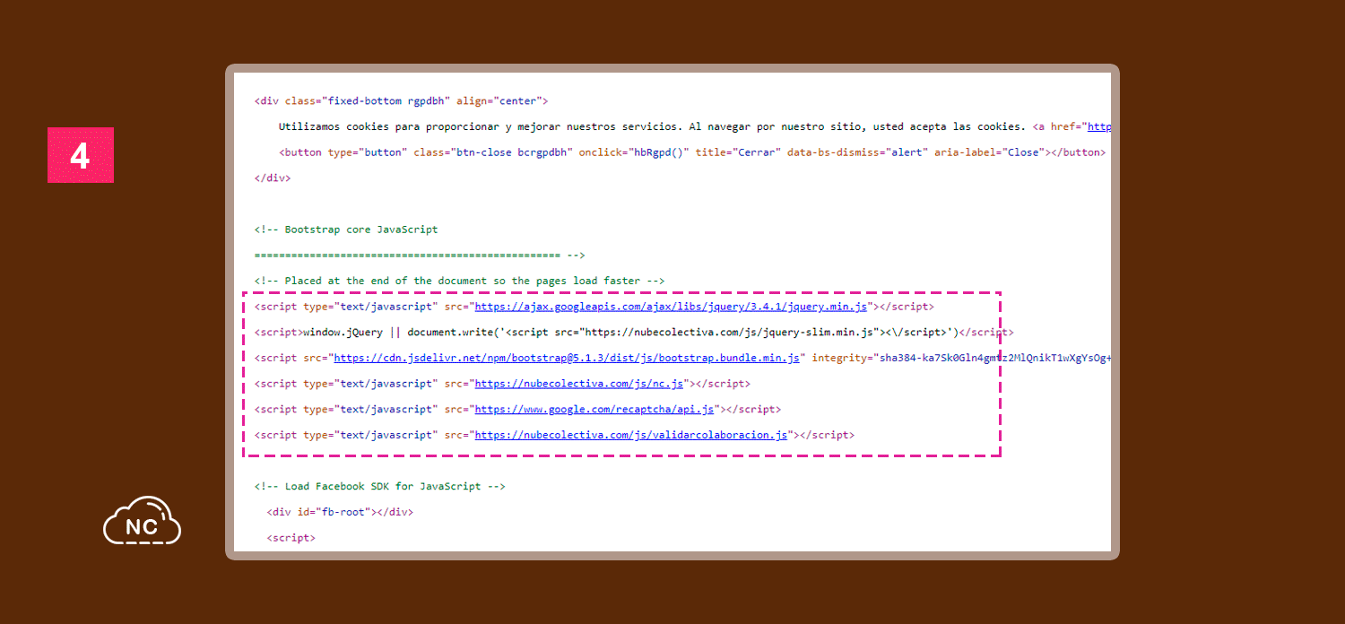 También hay código JavaScript que se ejecuta en la misma página HTML Código fuente de una web creada con JavaScript