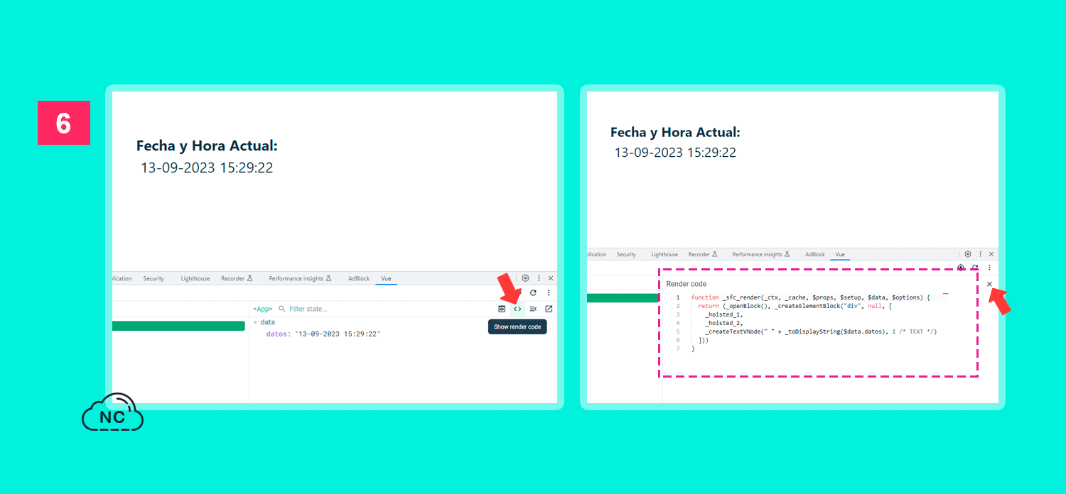 Si presiona el botón derecho del mouse sobre el código, podrás ver otras opciones Las Vue Tool Chrome te permiten ver como el navegador renderiza el código