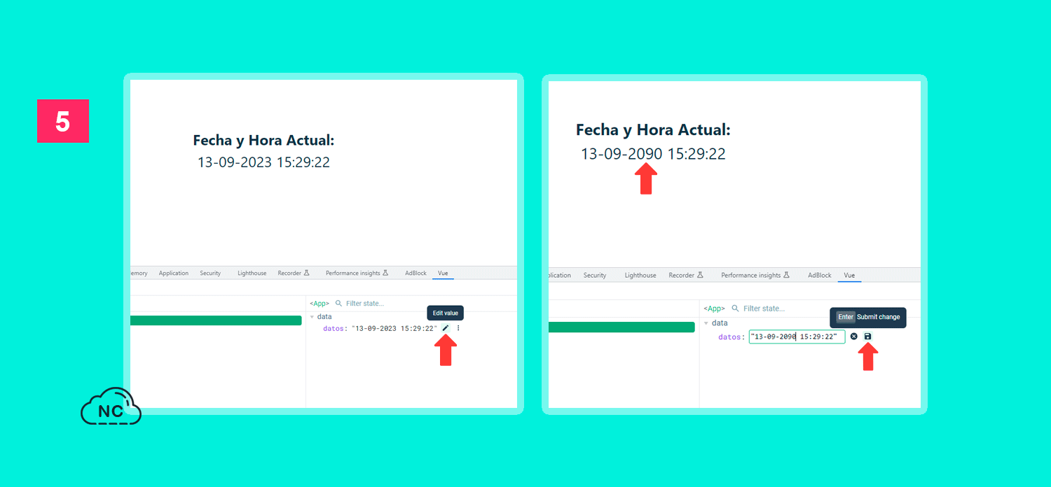 También puedes presionar la tecla ENTER para guardar los cambios Editando datos en las Vue DevTools