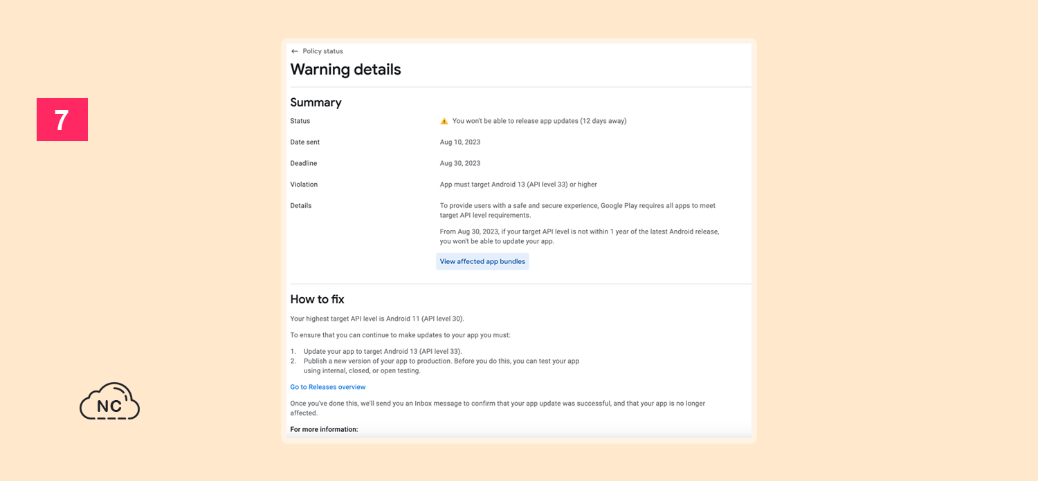 Estos errores sirven para optimizar una aplicación y los usuarios no tengan problemas al usarla Captura de pantalla del error que recibe Dennis Ashford en Google Play Console