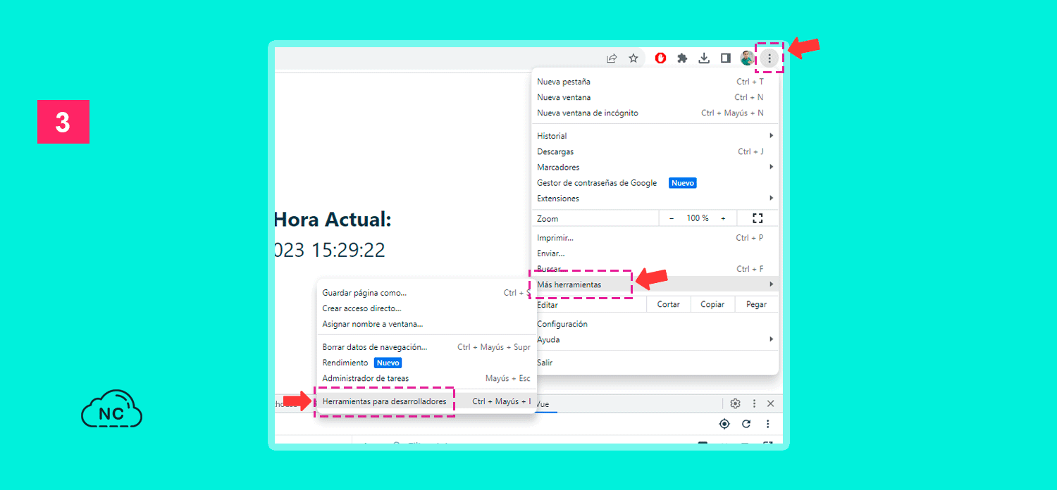 En la mayoría de sistemas operativos, siempre encontrarás el menú de 3 puntos verticales en Google Chrome Menú para abrir las herramientas para desarrolladores de Google Chrome