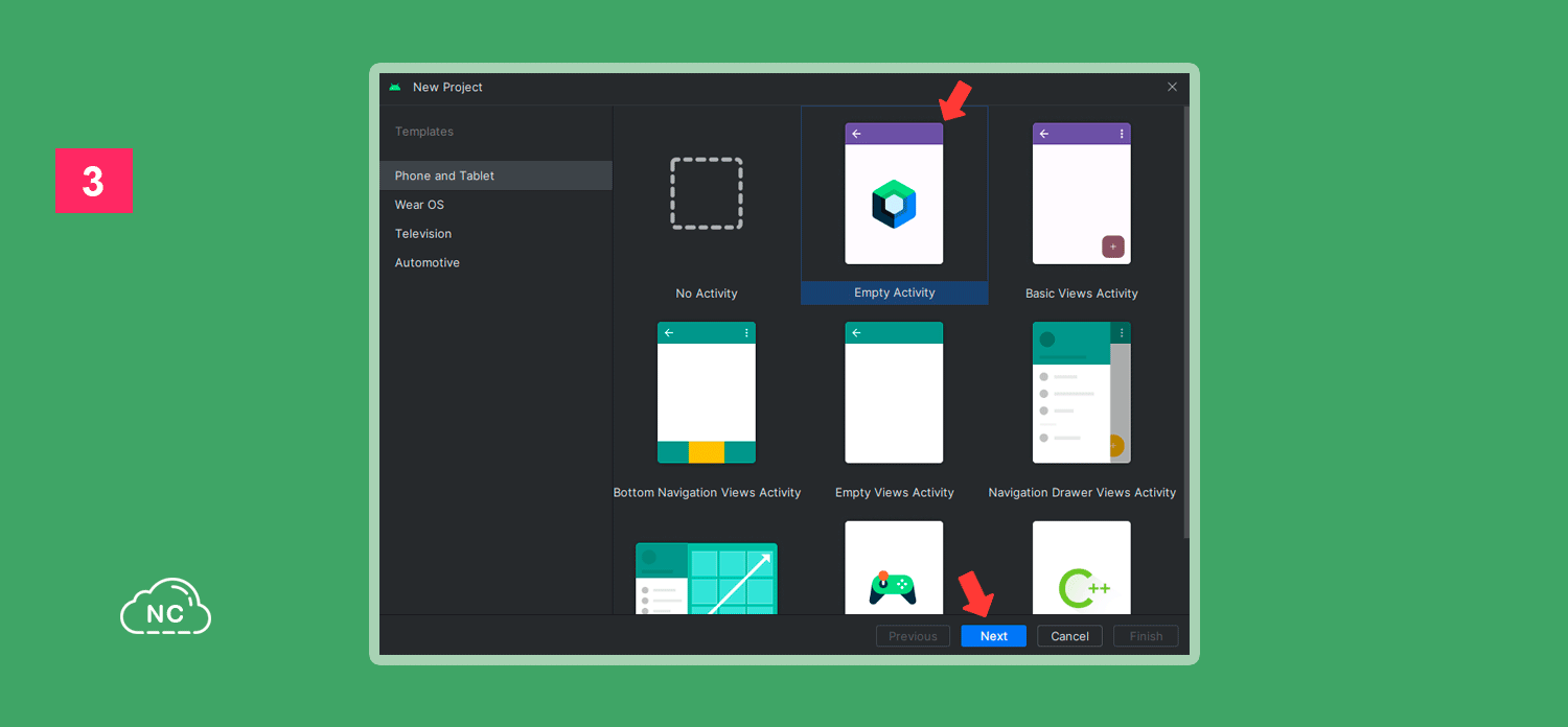 Si ya tienes experiencia creando aplicaciones Android, elige la actividad idónea para tu proyecto Ventana para elegir el tipo de actividad para el proyecto Android